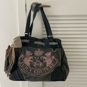 Juicy Couture y2k shoulder bag. Gray/khaki velvety suede and black leather